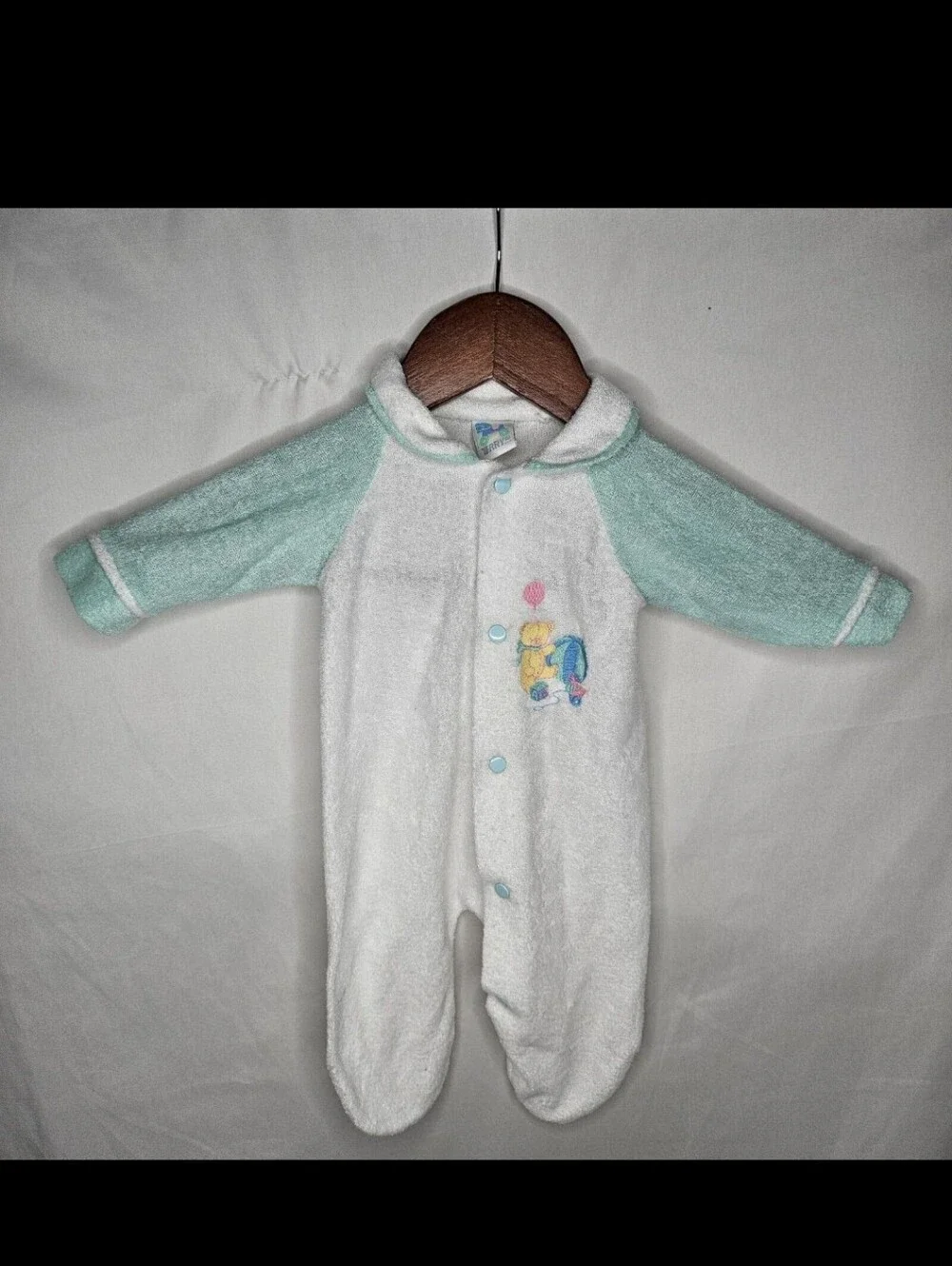 Vintage Terry Pastel White Footie Romper Embroidery Teddy Bear Toys Newborn Baby
